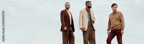 Obraz na plátně Handsome men dressed in fashionable autumn attire stand confidently in a tranquil field surrounded by nature