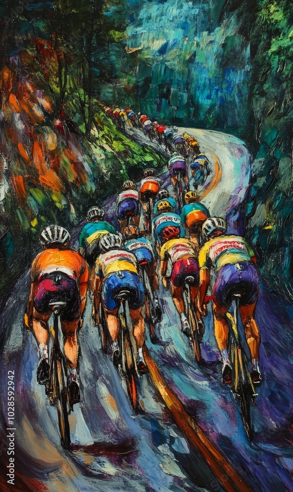 Fototapeta premium Cyclists race up a winding road.