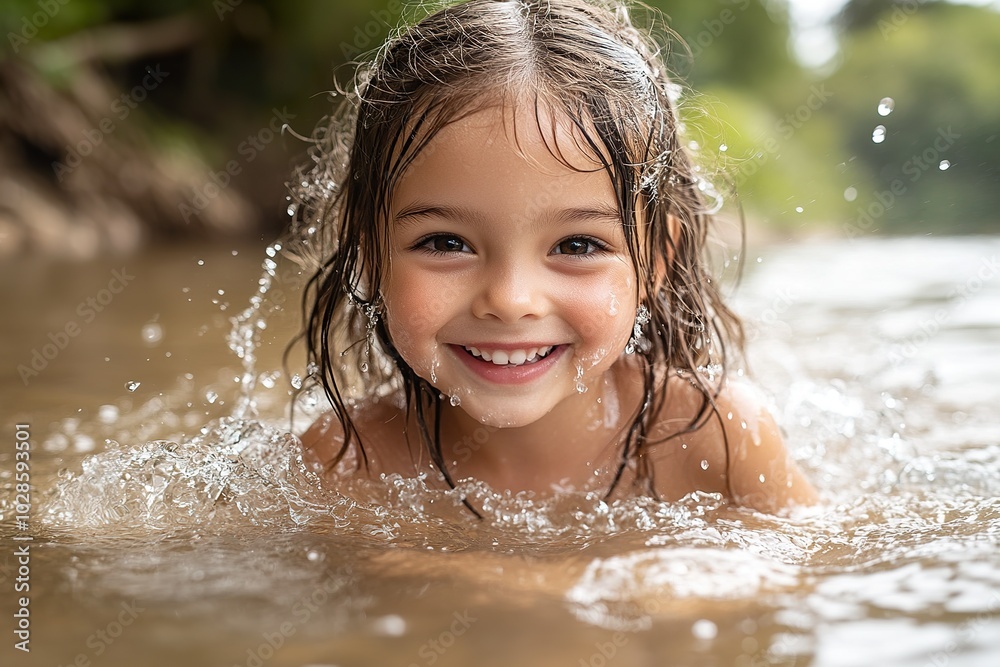 Obraz premium A joyful child playing in the gentle waves of a peaceful lake
