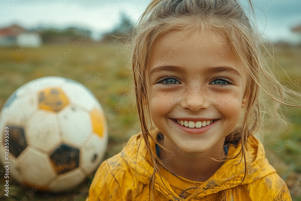 Happy Child Smiling Outdoors with Soccer Ball Happy Child Smiling Outdoors with Soccer Ball
