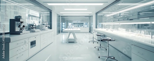 White-themed lab displays the latest scientific technology and minimalistic design.