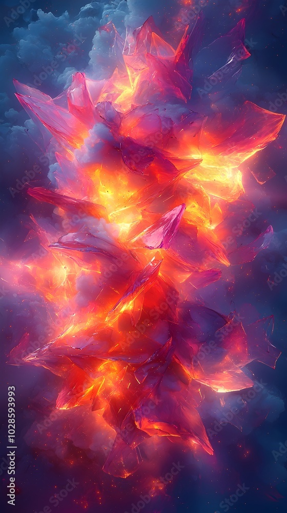Fototapeta premium Abstract fiery crystal formation in a dark blue sky.
