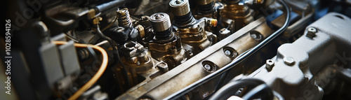 Close up of technician inspecting spark plugs in engine, showcasing intricate details of automotive components and machinery. focus on precision highlights importance of maintenance