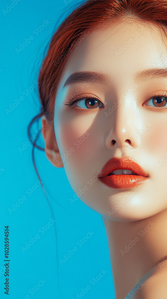 Beautiful young asian woman with flowers and petals on her face. Beauty parlor vertical banner concept, copyspace Light background. Instagram story, reel or tiktok Beautiful young asian woman with flowers and petals on her face. Beauty parlor vertical banner concept, copyspace Light background. Instagram story, reel or tiktok