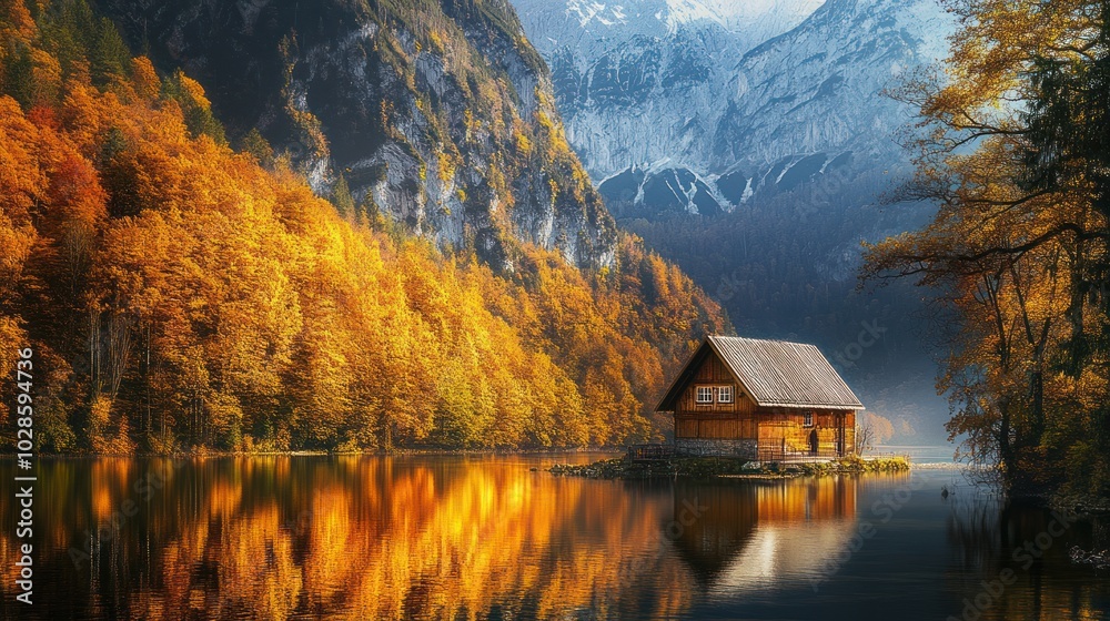 A Wooden Cabin Nestled in a Mountain Valley with Autumn Foliage and a Calm Lake Reflecting the Colors A Wooden Cabin Nestled in a Mountain Valley with Autumn Foliage and a Calm Lake Reflecting the Colors