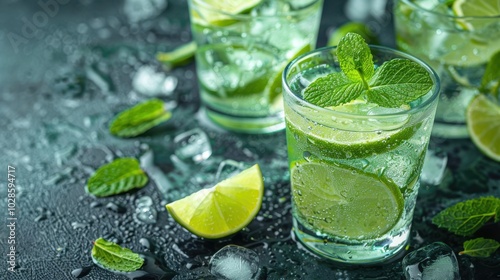 Refreshing drinks with lime and mint, served over ice.