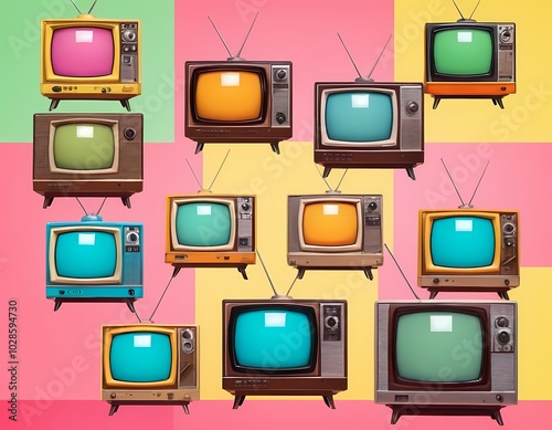 Vintage televisions lined up in a retro display showcasing old-school design and technology photo