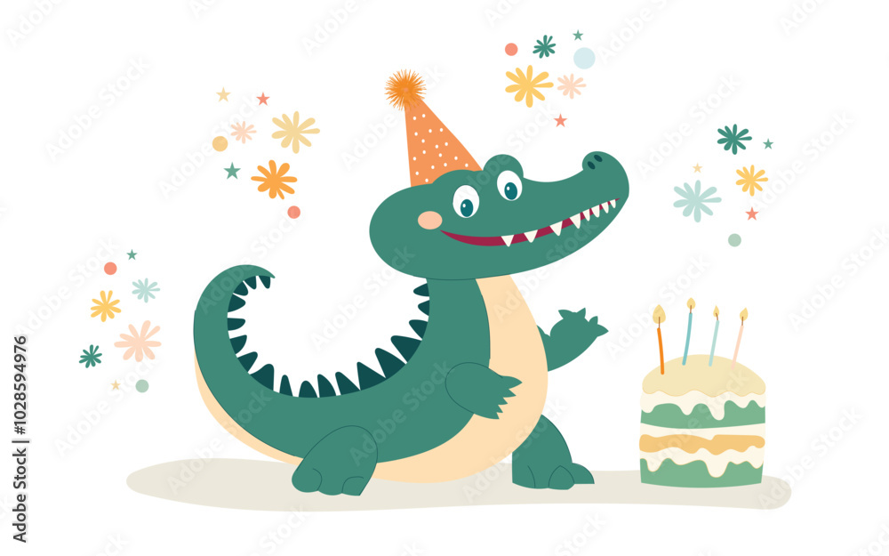 Fototapeta premium A cheerful crocodile wearing a party hat celebrates a birthday with a cake, surrounded by colorful decorations, perfect for children's events.