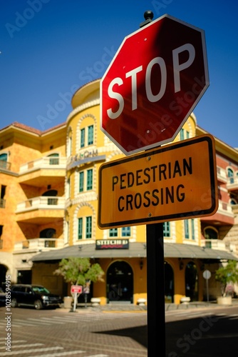 Urban street scene with a stop and pedestrian crossing sign in front of a colorful building