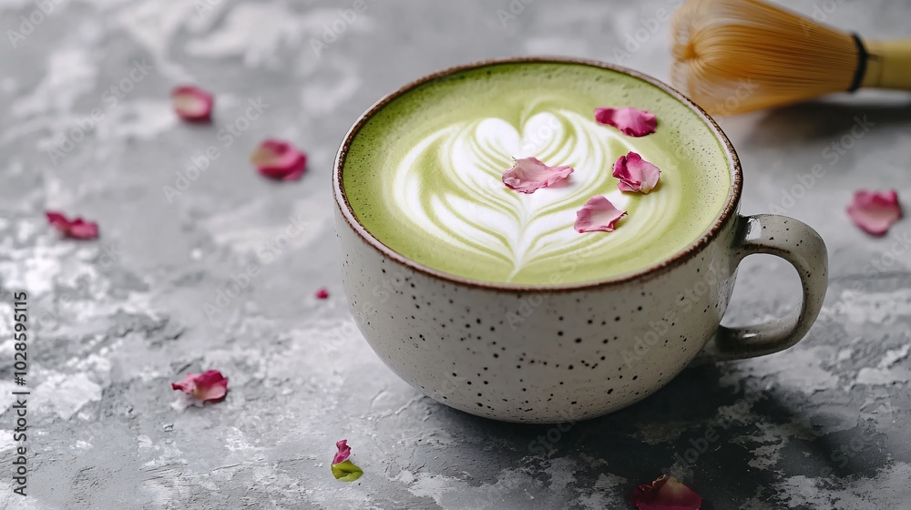 Green tea latte with foam art, isolated on a gray marble background with decorative matcha whisk and flower petals Green tea latte with foam art, isolated on a gray marble background with decorative matcha whisk and flower petals