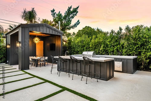 Modern outdoor kitchen and dining area at sunset. photo