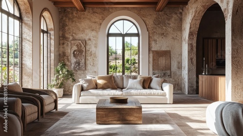 A Modern Living Room with Arched Windows and a White Sofa