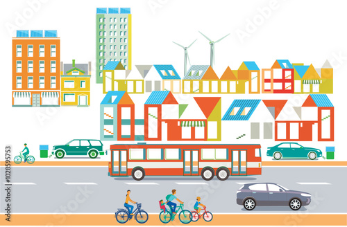 Stadtsilhouette einer grünen Stadt, mit Bus, Elektro-Autos, freisteller Illustration..eps