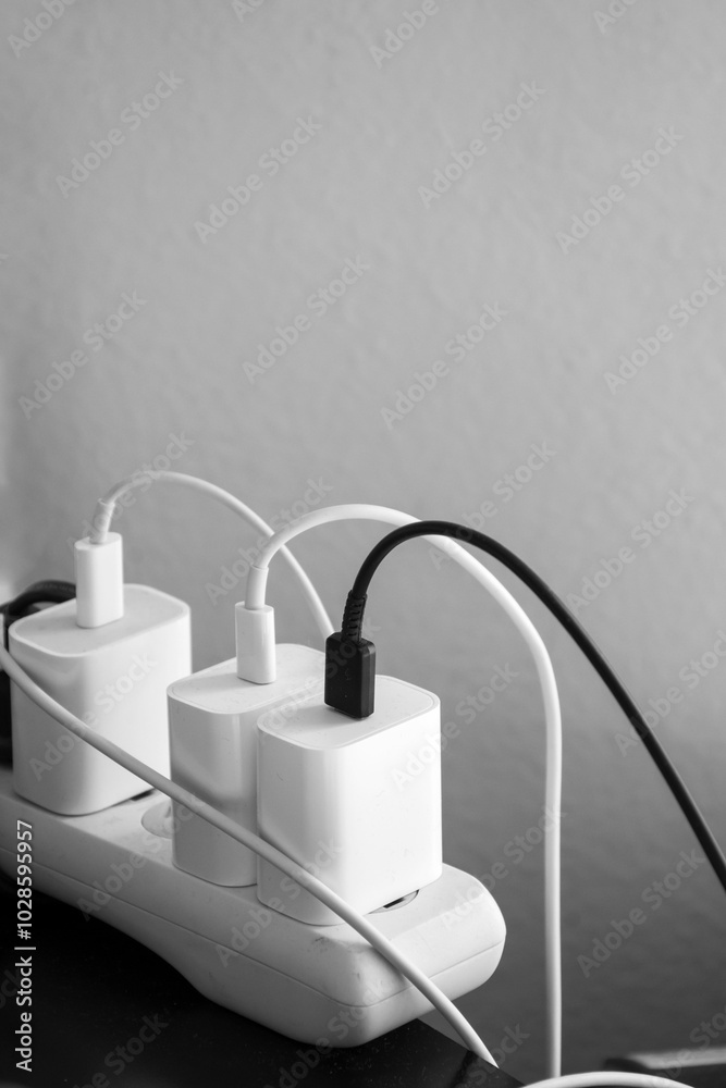 Vertical closeup of phone chargers plugged in a socket Vertical closeup of phone chargers plugged in a socket