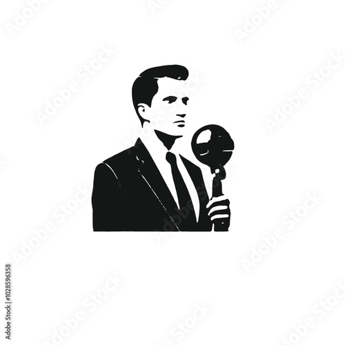A black silhouette of a middle-aged Caucasian man holding a microphone