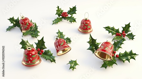 Red and Gold Christmas Bells Decorated with Holly and Berries photo