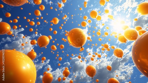 A vibrant scene of orange balloons floating in a bright blue sky with fluffy clouds, creating a cheerful and uplifting atmosphere.