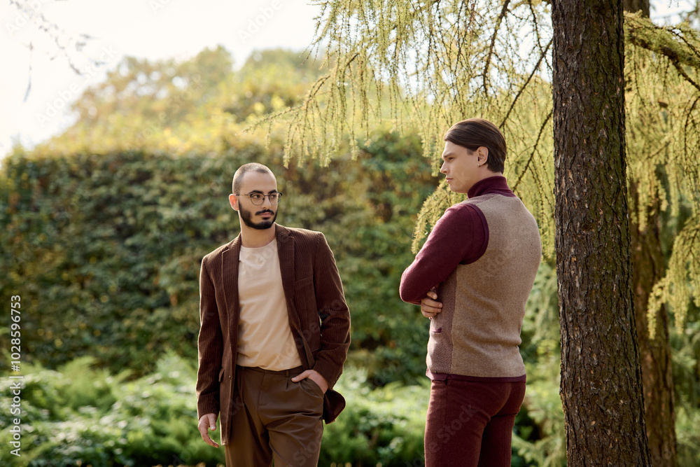 Two handsome men showcase their autumn attire while enjoying the tranquility of a natural setting. Two handsome men showcase their autumn attire while enjoying the tranquility of a natural setting.