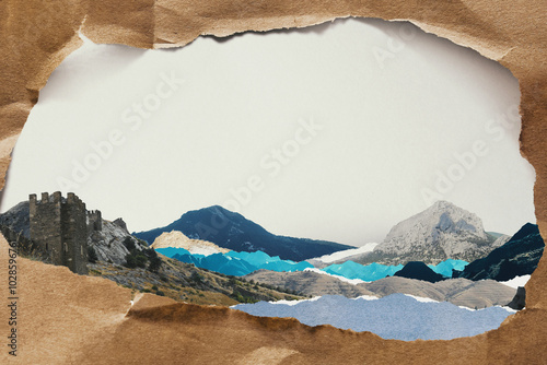 Abstract creative collage artwork made from torn crumpled colorful pieces of photos with old crumpled craft paper frame. Blank copy space.