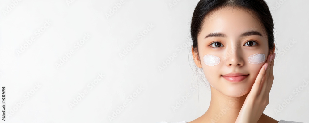 young woman gently massaging her face with cream, showcasing skincare routine. Her calm expression reflects relaxation and self care young woman gently massaging her face with cream, showcasing skincare routine. Her calm expression reflects relaxation and self care