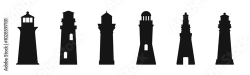 Lighthouse silhouette vector icons. Silhouettes of lighthouses