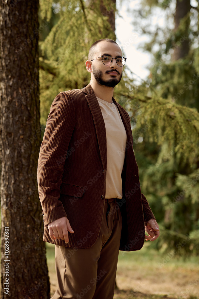 Handsome man in fashionable autumn attire embrace the beauty of nature in a scenic field.
