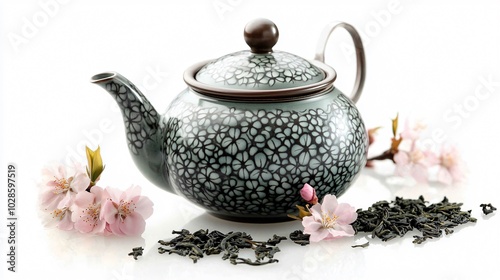 Traditional green tea in a ceramic teapot, isolated on a white background with decorative sakura blossoms and tea leaves