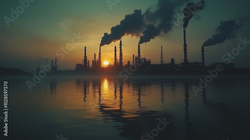 Capture the stark beauty of an oil refinery's silhouette against the sky