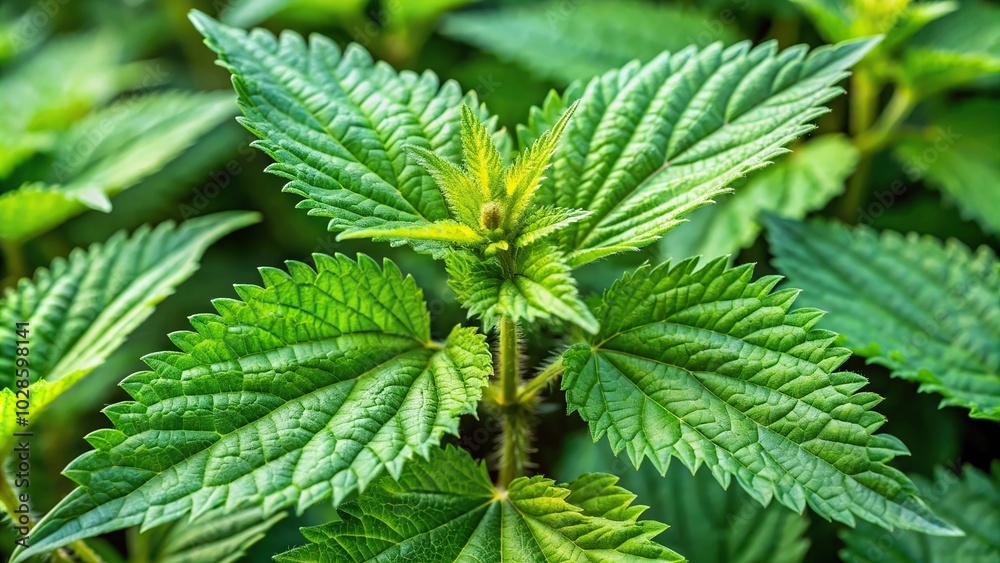 Nettle plant with green leaves in natural habitat Nettle plant with green leaves in natural habitat