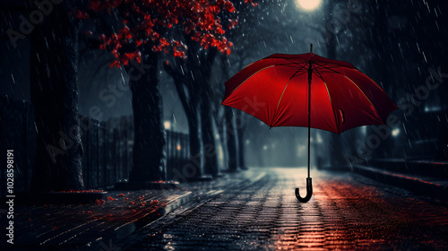 Rainy City Night Featuring Red Umbrella on Wet Road