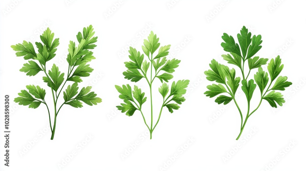 Three sprigs of green herbs, showcasing different leaf shapes and textures. Three sprigs of green herbs, showcasing different leaf shapes and textures.