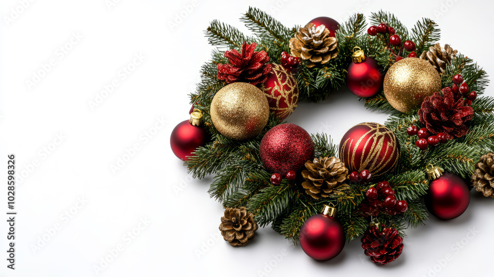 Fototapeta premium Christmas red and gold decorations, isolated on a white background. 