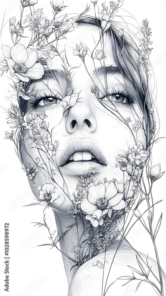 Fototapeta premium A detailed pencil drawing of a woman's face surrounded by delicate flowers. The artwork features a focus on the woman's eyes and lips.
