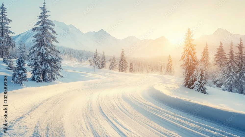 Winter Landscape with Snow-Covered Trees and Mountains