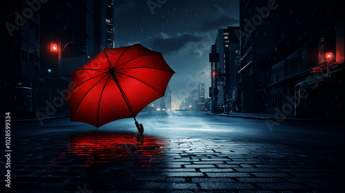 Red Umbrella on Wet Road at Night in Urban Cityscape