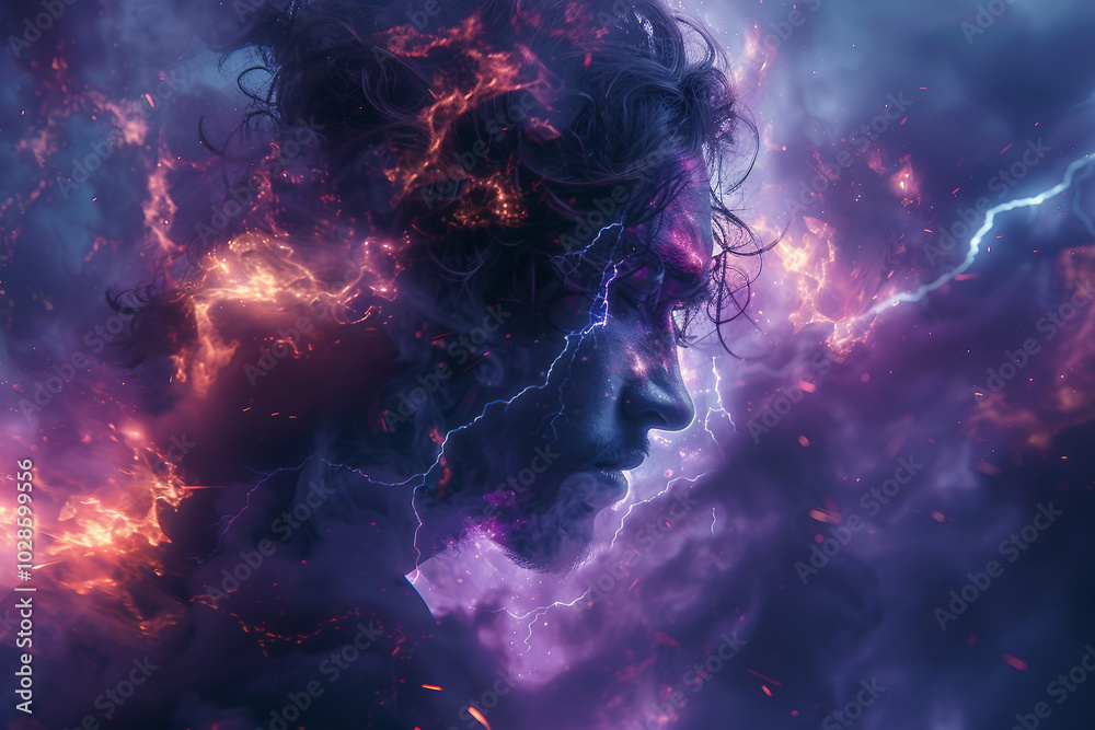 Image of male face with smoke and sparks in purple light Image of male face with smoke and sparks in purple light