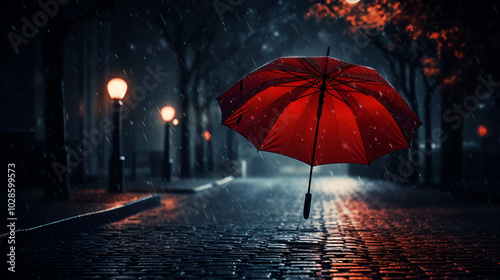 Night Rain with Red Umbrella Standing Out in Cityscape