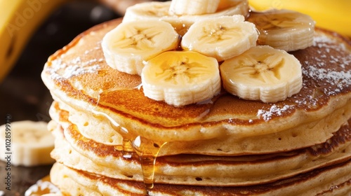 Delicious Pancakes with Banana and Honey Topping photo