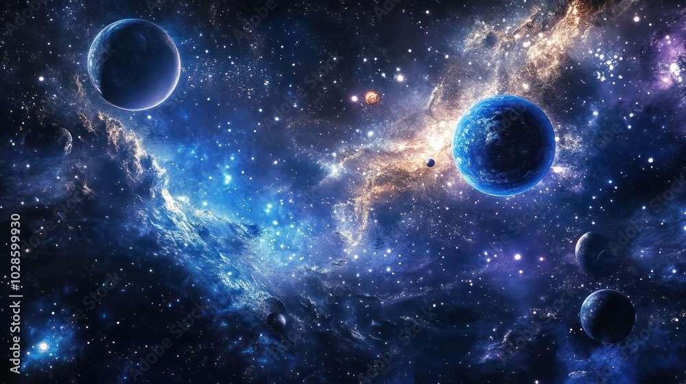 Cosmic Landscape with Planets and Nebulae in a Starry Night Sky Cosmic Landscape with Planets and Nebulae in a Starry Night Sky