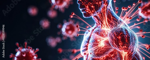 Human anatomy illustration with virus cells, vibrant colors, dark background. photo
