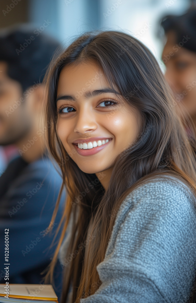 young Indian studen in class smiling to camera young Indian studen in class smiling to camera