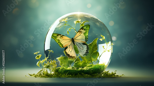 Butterfly resting in a glass ball with greenery and a blurred background