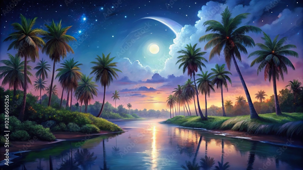 Night scene painting with asymmetric composition Night scene painting with asymmetric composition