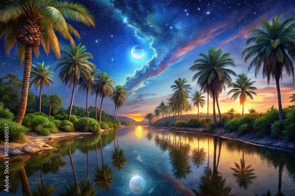 Night scene painting with river and palm trees viewed from a worm's eye angle Night scene painting with river and palm trees viewed from a worm's eye angle