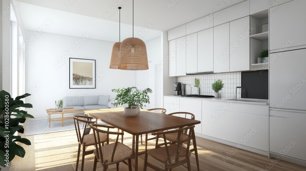 Modern Kitchen and Dining Room Interior with Natural Elements
