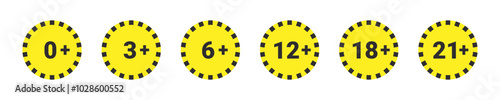 Age restriction vector icons. 0+, 3+, 6+, 12+, 18+, 21+. Icons for age restrictions in various levels