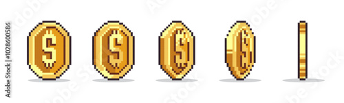 Dollar coin vector pixel style set. Pixel-style dollar coins