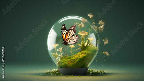 Crystal ball featuring a butterfly with plants inside, soft focus