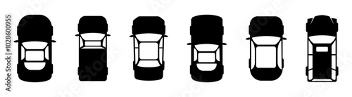 Car top view vector icons. Top view of cars in various models