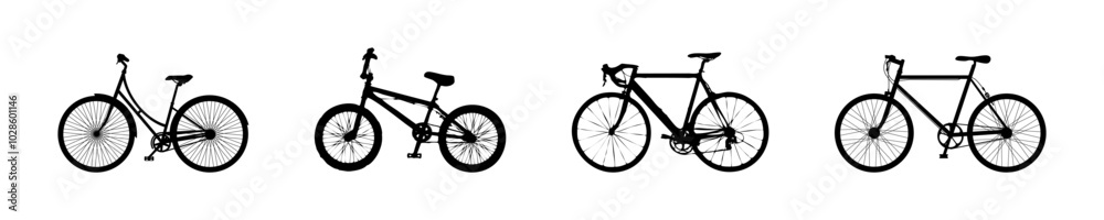 Fototapeta premium Silhouettes of bicycles vector set. Different bicycle types.